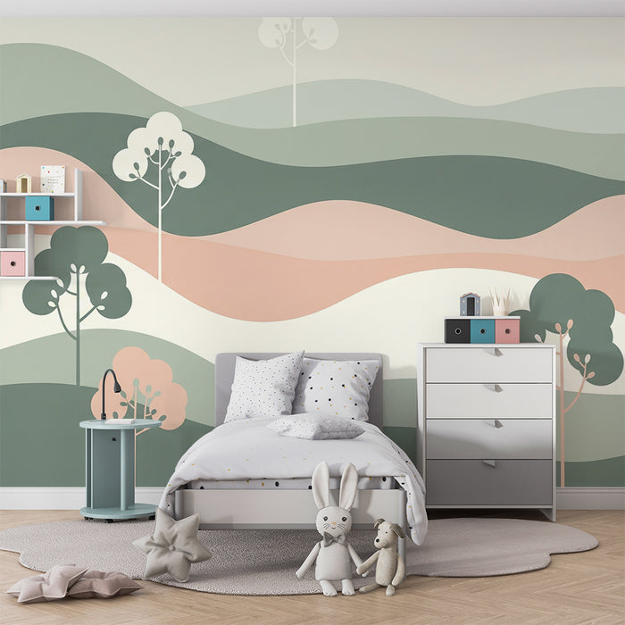 Babykamer behang | Zachte landschap met heuvels en gestileerde bomen
