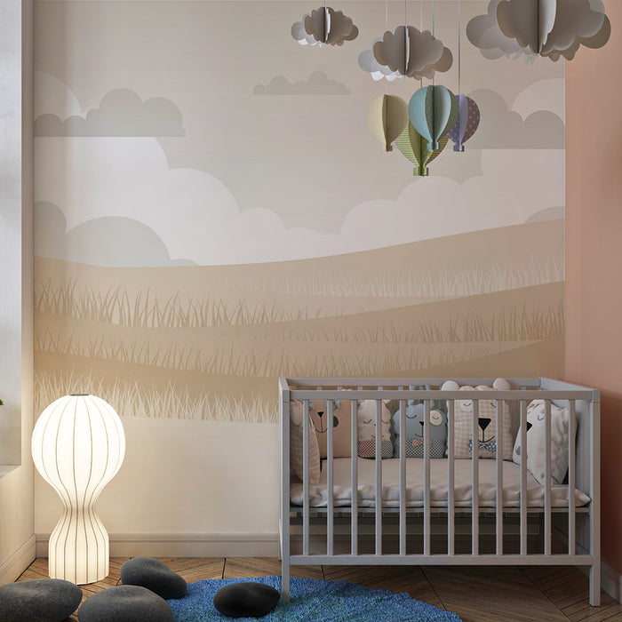 Papel de parede quarto bebê | Paisagem suave com colinas e nuvens