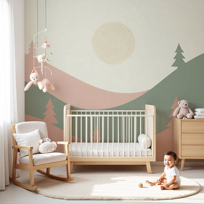 Papier peint chambre bébé | Paysage doux avec collines et sapins