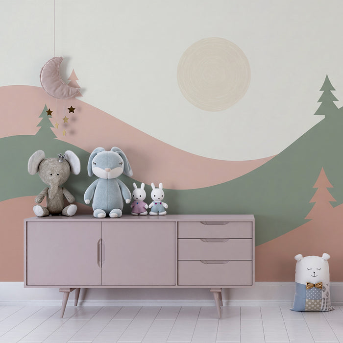 Papier peint chambre bébé | Paysage doux avec collines et sapins