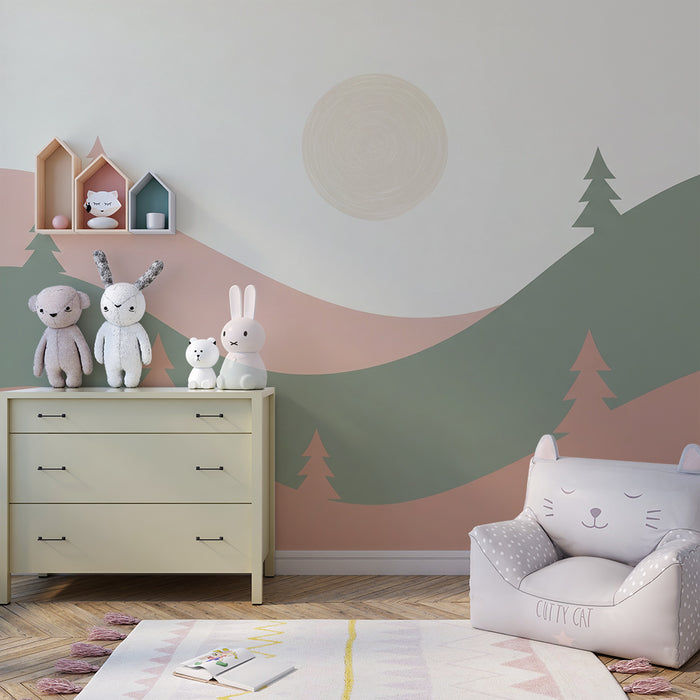 Papier peint chambre bébé | Paysage doux avec collines et sapins
