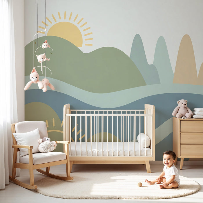 Babykamer behang | Zachte landschap met gestileerde heuvels en zonnen