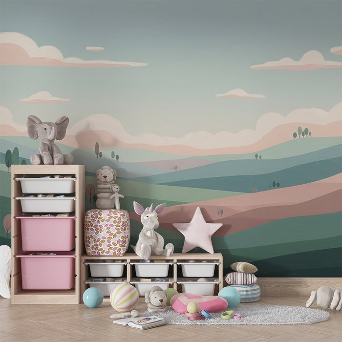 Barntapet | Mjukt landskap med pastellkullar och stiliserade träd