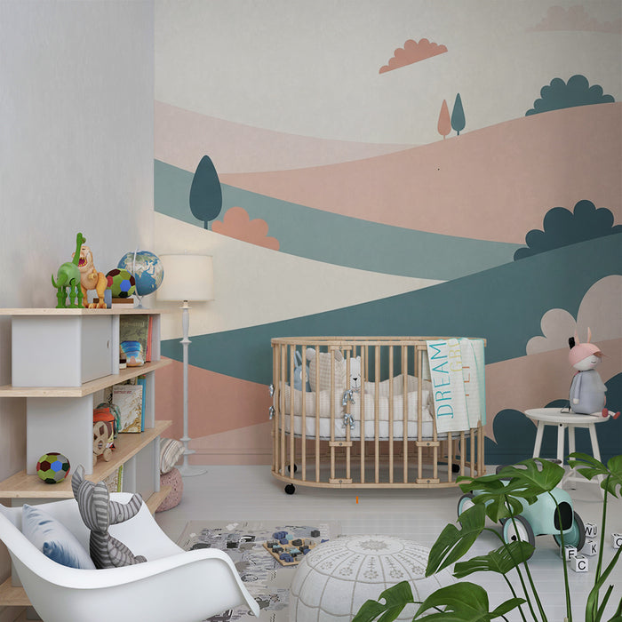 Tapeta dětského pokoje | Jemná krajina s pastelovými kopcemi a stylizovanými stromy