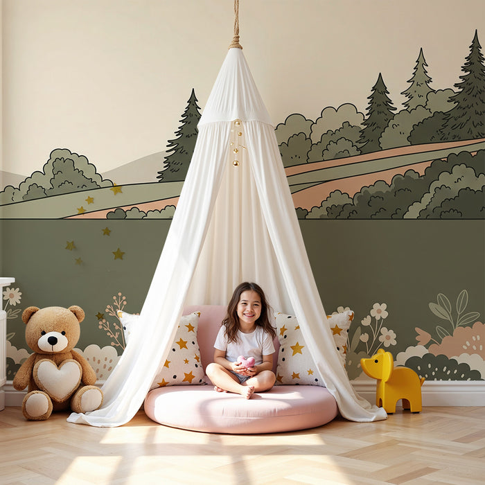 Papel pintado para habitación infantil | Paisaje suave con flores y colinas verdes