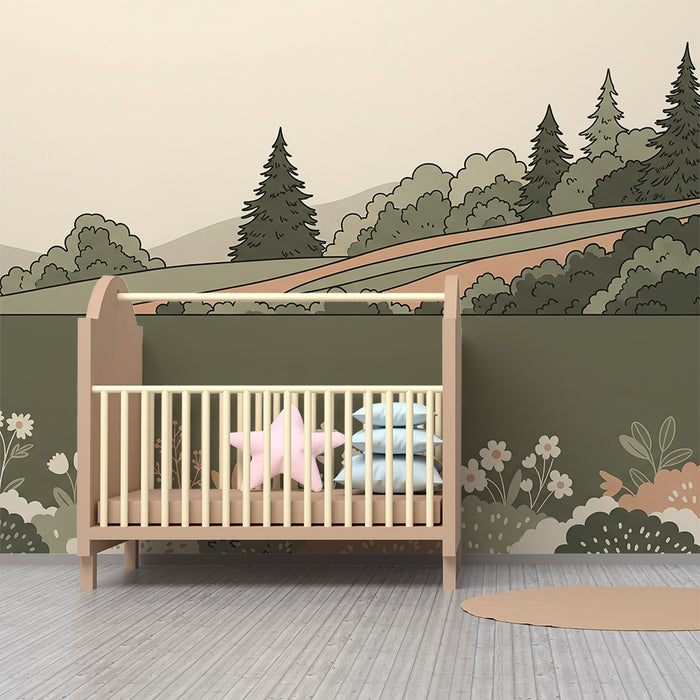 Papel pintado para habitación infantil | Paisaje suave con flores y colinas verdes