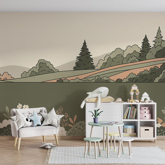 Papel pintado para habitación infantil | Paisaje suave con flores y colinas verdes