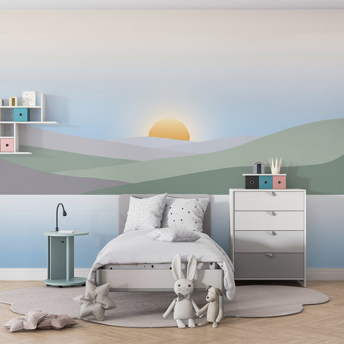 Barntapet | Mjukt landskap med soluppgång och lugnande kullar
