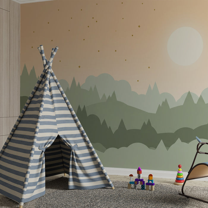 Papel de parede quarto bebê | Нежен пейзаж с планини и звездно небе