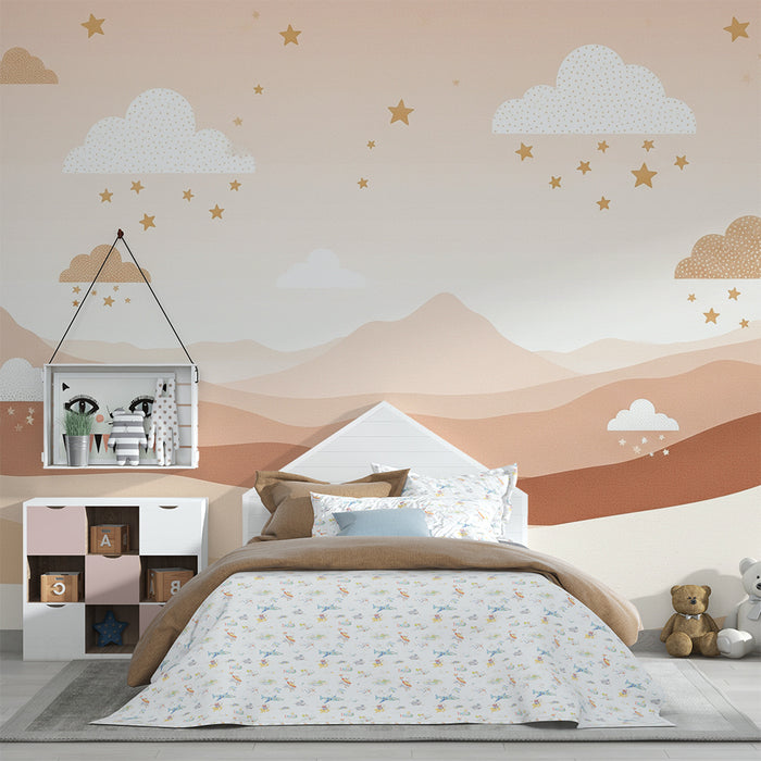 Papel de parede quarto bebê | Paisagem suave com nuvens e estrelas
