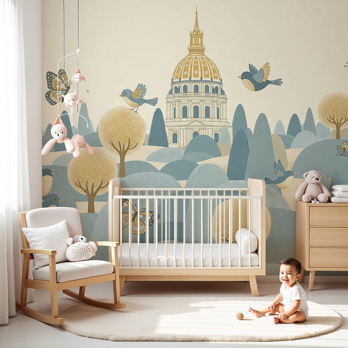 Papier peint chambre bébé | Paysage doux avec oiseaux et papillons