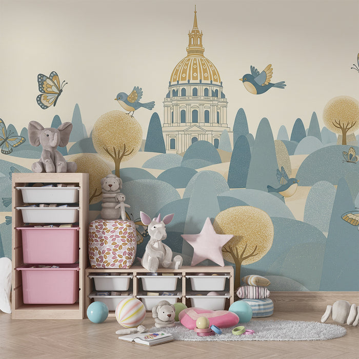 Papier peint chambre bébé | Paysage doux avec oiseaux et papillons