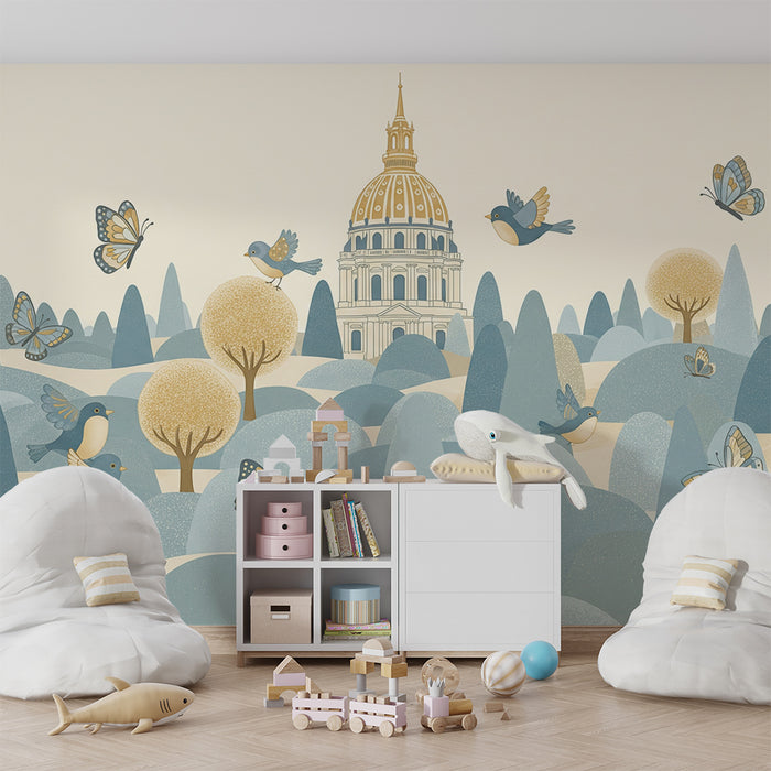 Papier peint chambre bébé | Paysage doux avec oiseaux et papillons