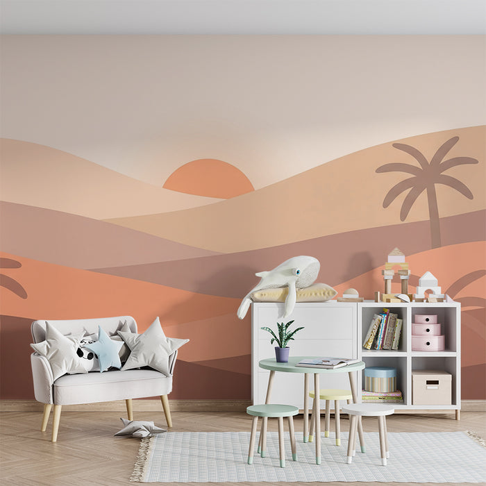 Χαρτί τοίχου βρεφικού δωματίου | Ήπιο τοπίο με φοίνικες και απαλό ηλιοβασίλεμα