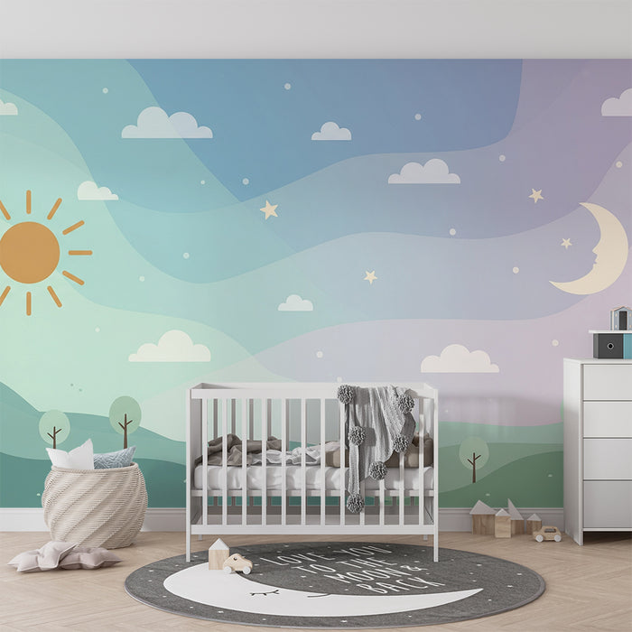 Papel de parede quarto bebê | Paisagem suave com sol e lua