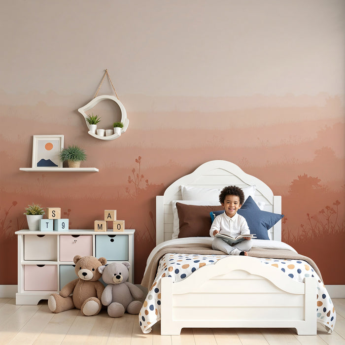 Nursery room wallpaper | Soft landscape in shades of pink and terracotta