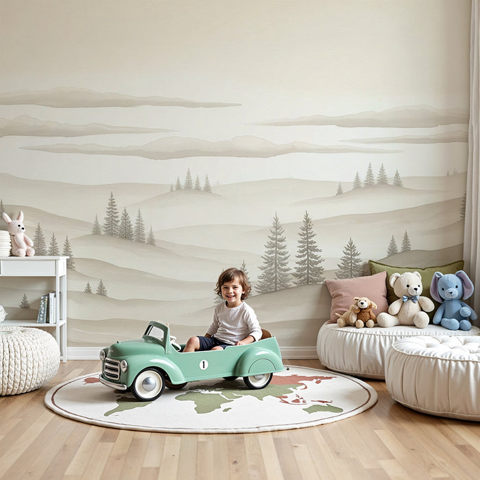 Papel de parede para quarto de bebé | Paisagem suave e enevoada com pinheiros