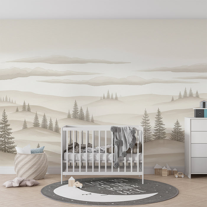 Papel de parede para quarto de bebé | Paisagem suave e enevoada com pinheiros