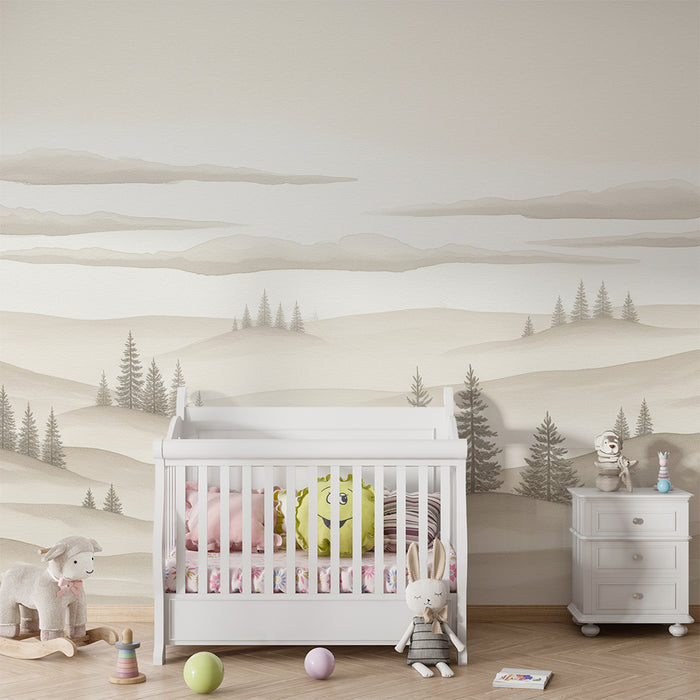 Papel de parede para quarto de bebé | Paisagem suave e enevoada com pinheiros