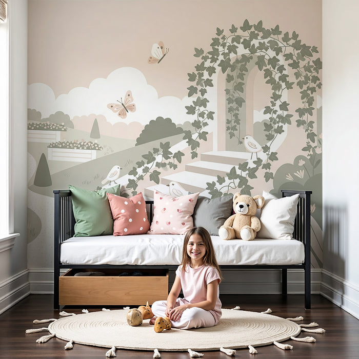 Behang babykamer | Betoverend landschap met kasteel en vogels