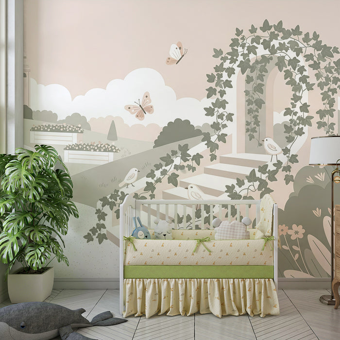 Behang babykamer | Betoverend landschap met kasteel en vogels