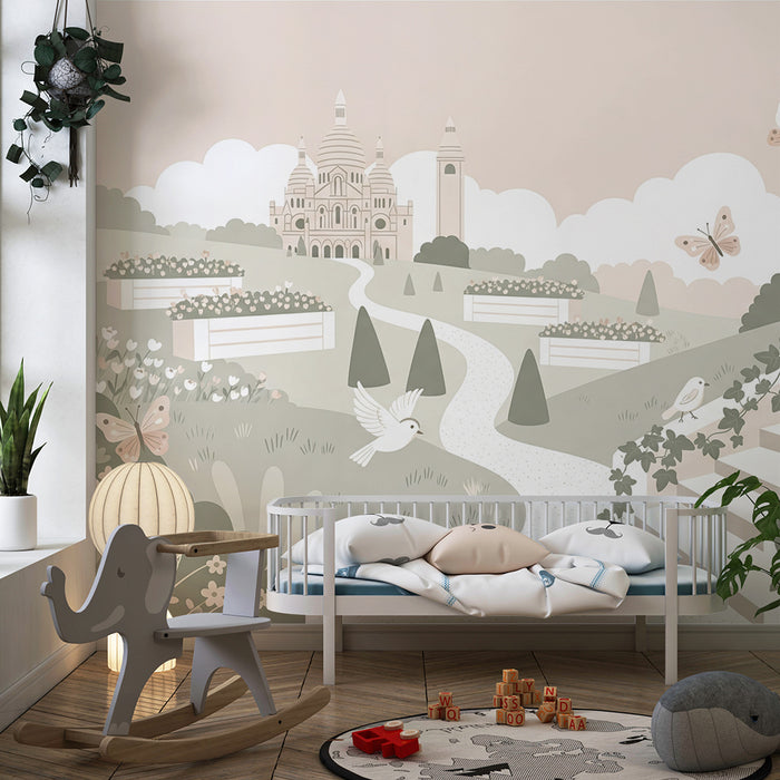 Behang babykamer | Betoverend landschap met kasteel en vogels