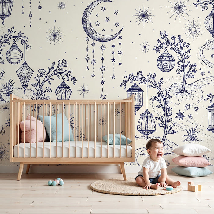 Papier peint chambre bébé | Paysage étoilé avec lanternes et lune