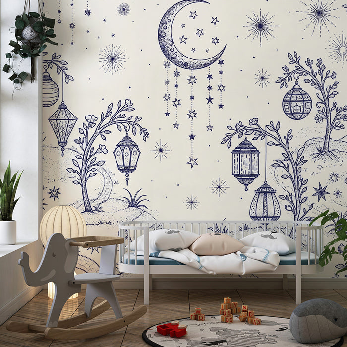 Papier peint chambre bébé | Paysage étoilé avec lanternes et lune