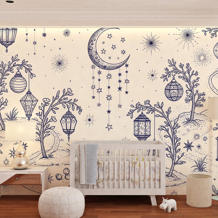 Papier peint chambre bébé | Paysage étoilé avec lanternes et lune