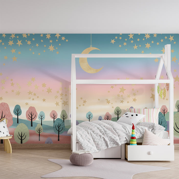Tapet barnerom | Stjernehimmel med måne og fargerike trær