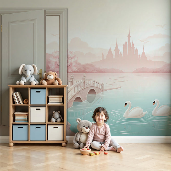 Papier peint chambre bébé | Paysage féerique avec château et cygnes
