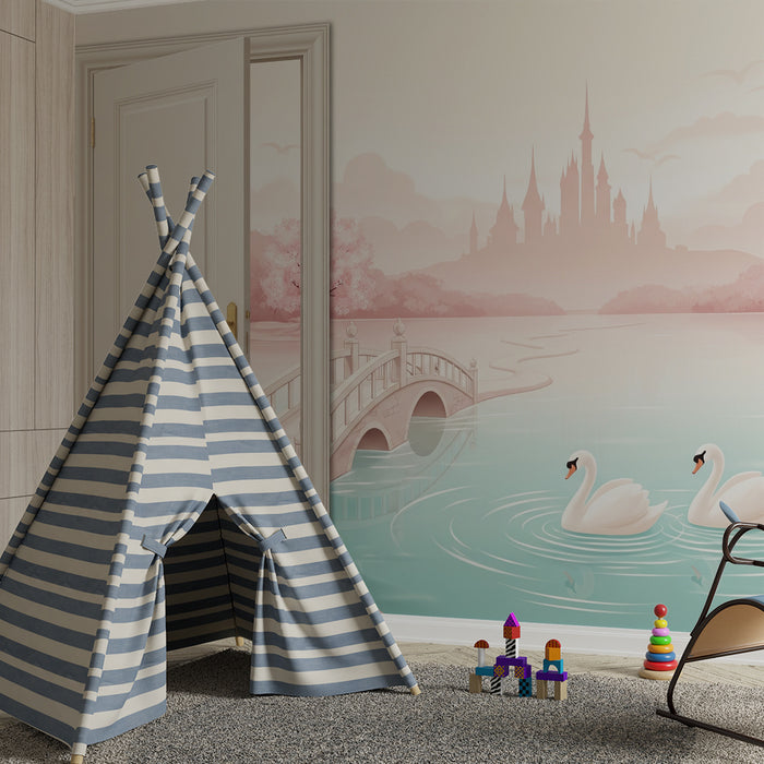 Papier peint chambre bébé | Paysage féerique avec château et cygnes