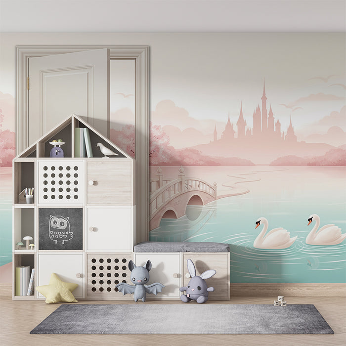 Papier peint chambre bébé | Paysage féerique avec château et cygnes