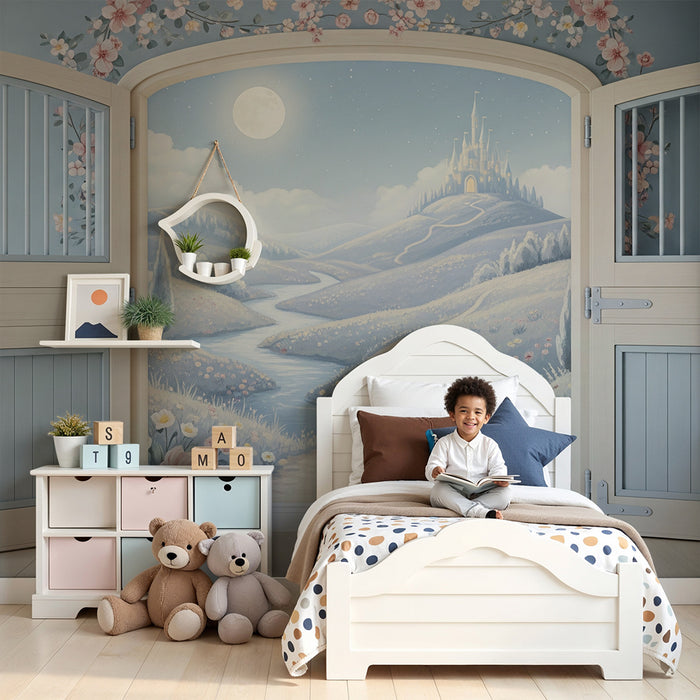 Papel de parede para quarto de bebé | Paisagem de conto de fadas com castelo e flores pastel