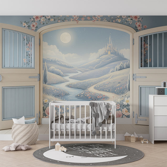 Papel de parede para quarto de bebé | Paisagem de conto de fadas com castelo e flores pastel