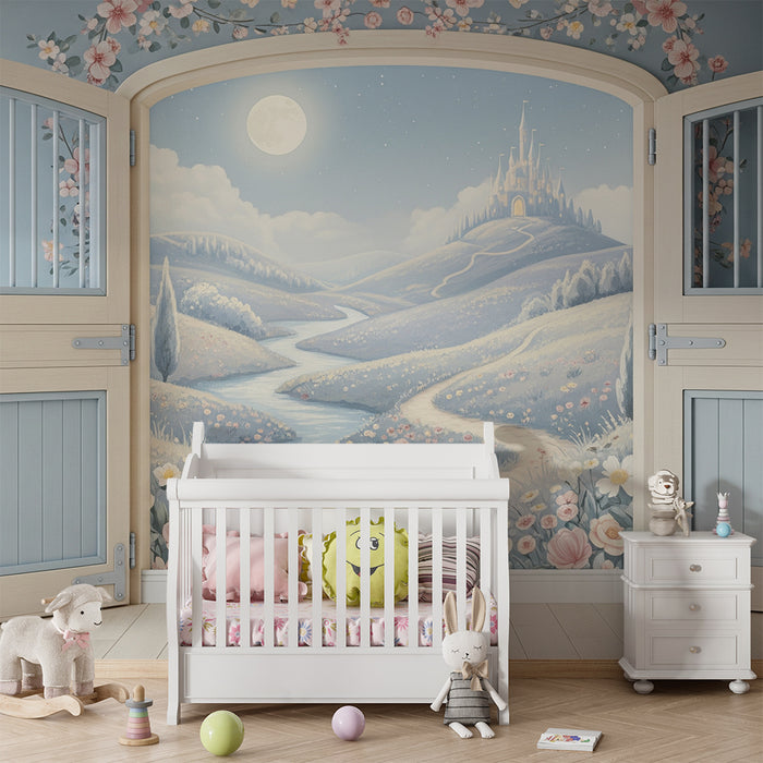Papel de parede para quarto de bebé | Paisagem de conto de fadas com castelo e flores pastel