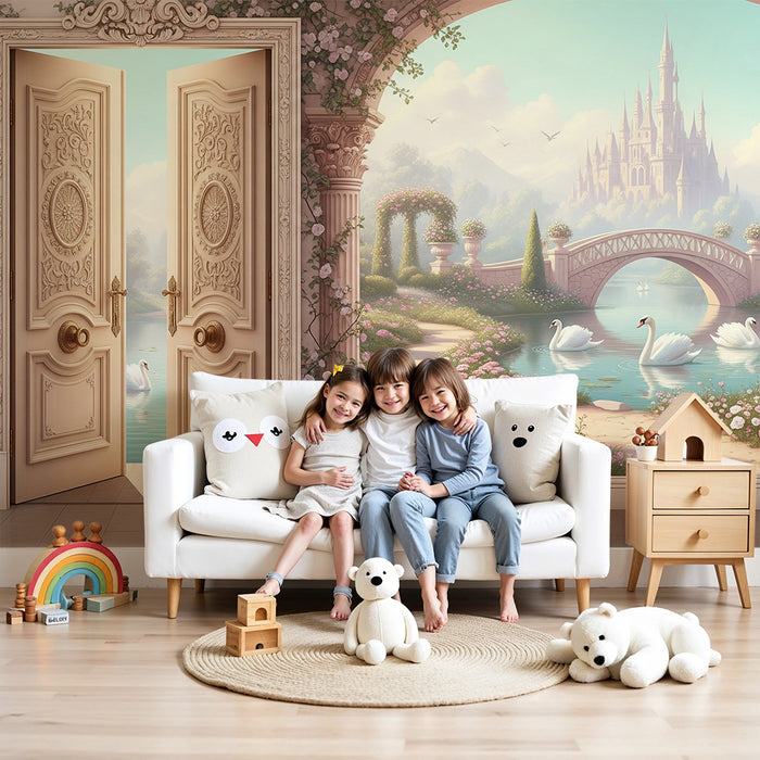 Behang babykamer | Sprookjesachtig landschap met zwanen bij een kasteel