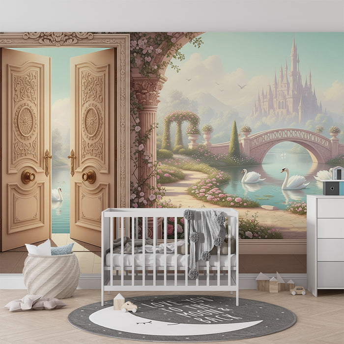 Behang babykamer | Sprookjesachtig landschap met zwanen bij een kasteel