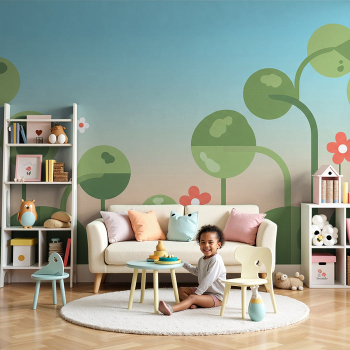 Børneværelse tapet | Abstrakt blomsterlandskab med bløde og farverige former