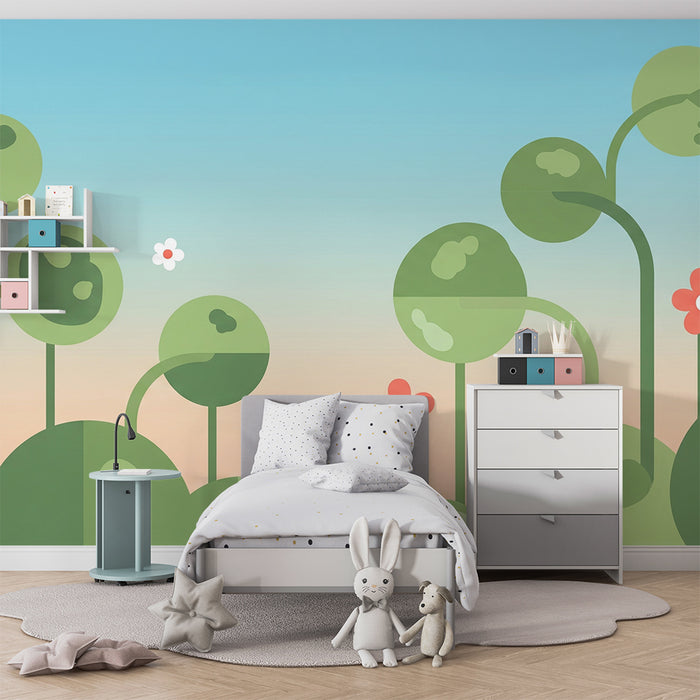 Børneværelse tapet | Abstrakt blomsterlandskab med bløde og farverige former