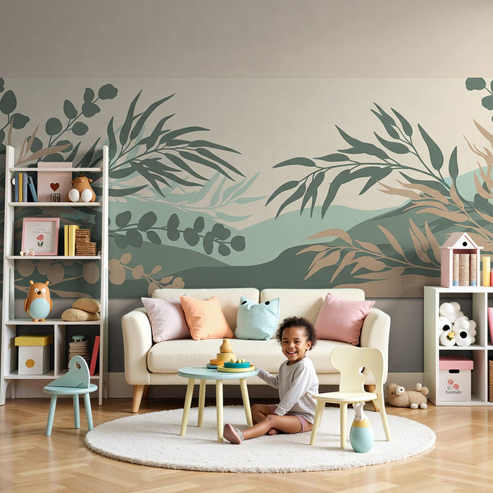 Papier peint chambre bébé | Paysage floral apaisant avec feuillage doux