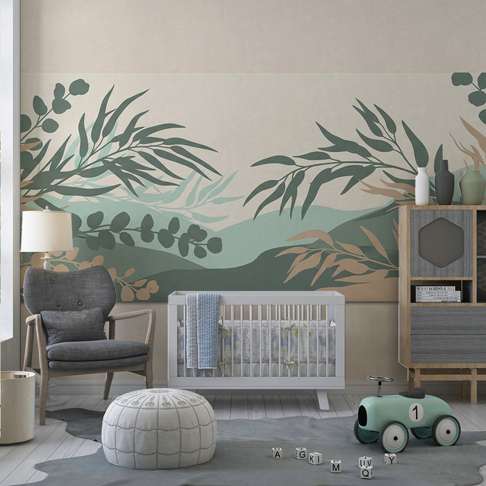 Papier peint chambre bébé | Paysage floral apaisant avec feuillage doux