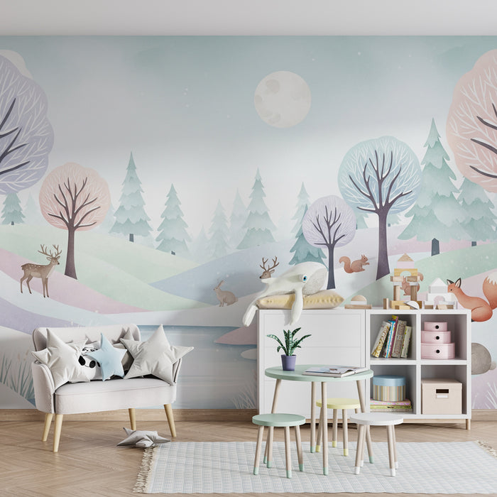 Papier peint chambre bébé | Paysage hivernal avec animaux