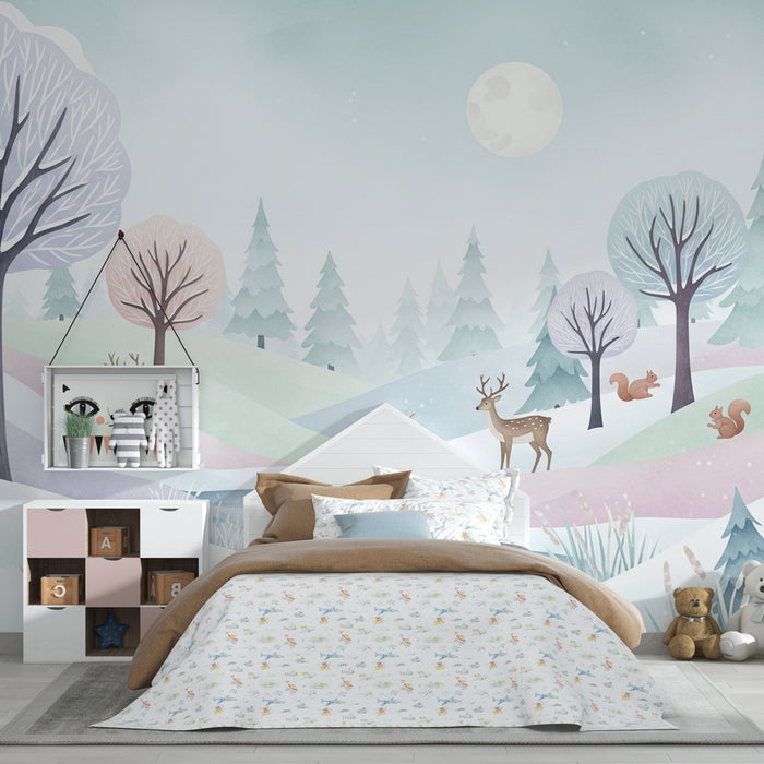 Papier peint chambre bébé | Paysage hivernal avec animaux