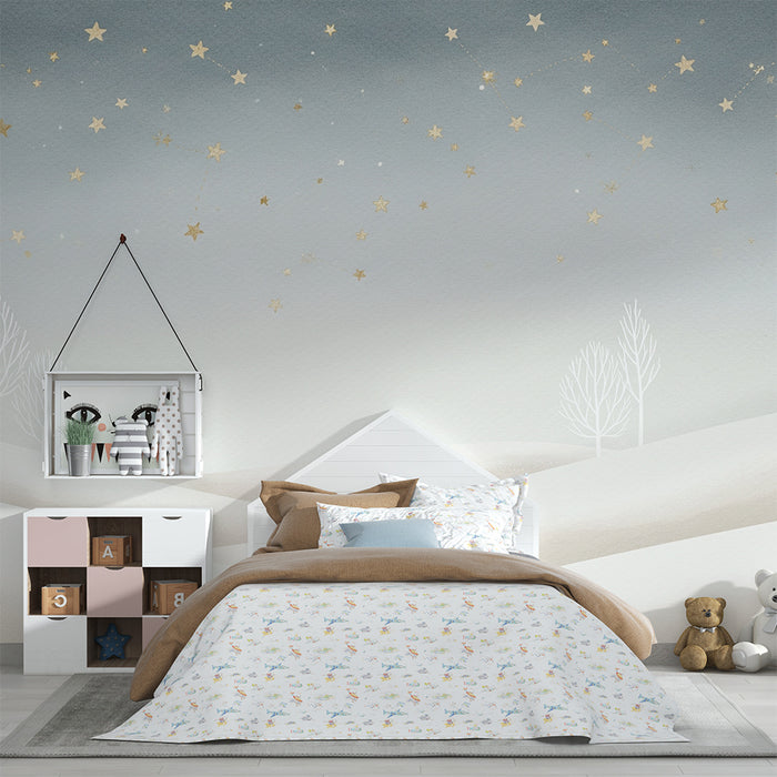 Tapet barnerom | Vinterlandskap med stjerner og hvite trær