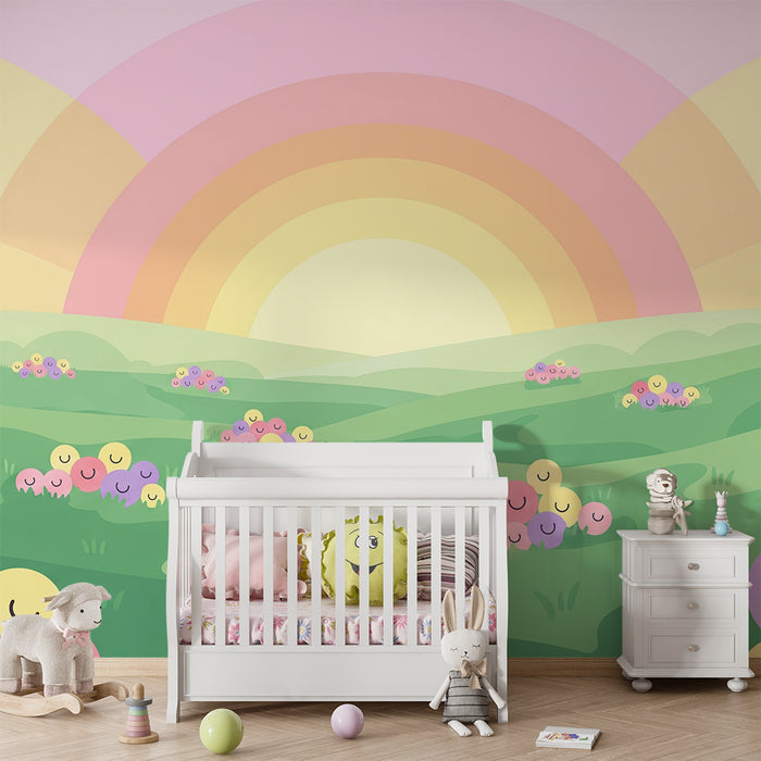 Χαρούμενο τοπίο με χαμογελαστά λουλούδια και ουράνιο τόξο