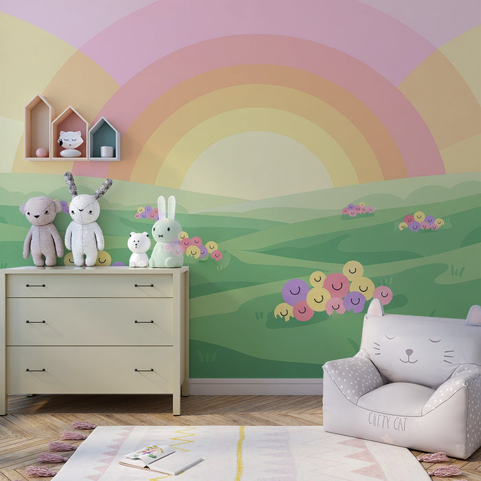 Χαρούμενο τοπίο με χαμογελαστά λουλούδια και ουράνιο τόξο