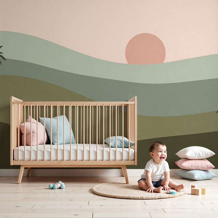 Barntapet | Minimalistisk landskap med palmer och mjuk solnedgång