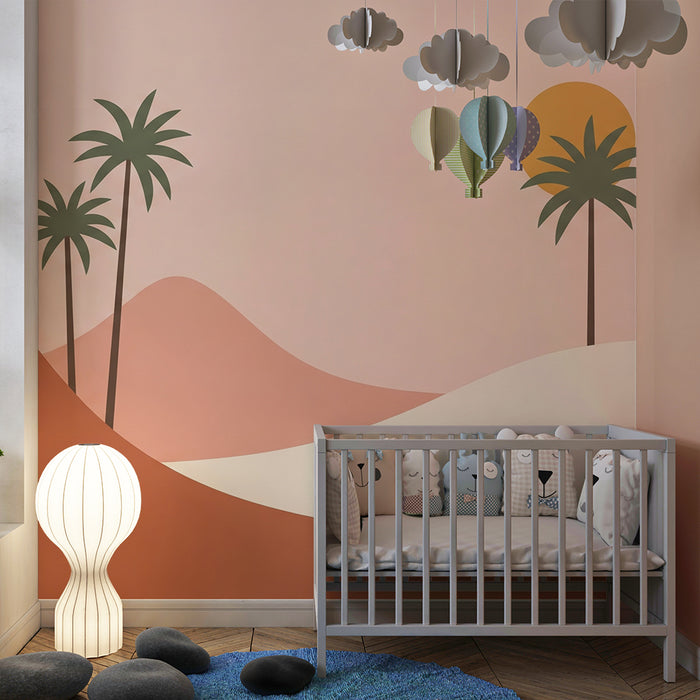 Børneværelse tapet | Minimalistisk landskab med palmer og pastelfarvede klitter