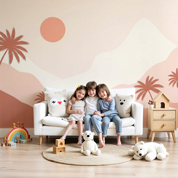 Børneværelse tapet | Minimalistisk landskab med palmer og blid sol